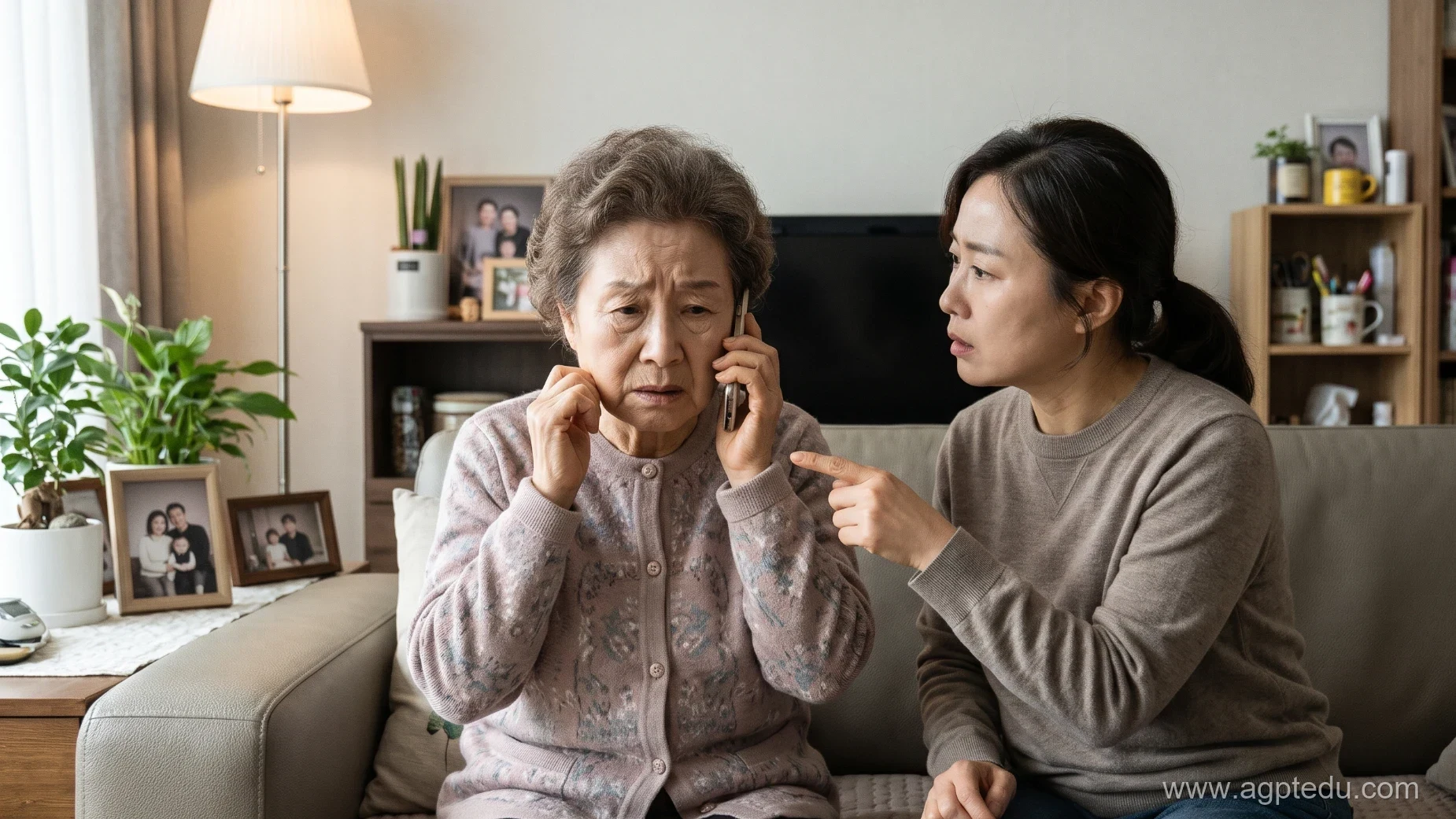 걱정스러운 표정으로 전화를 받는 어머니와 옆에서 확인하라고 가리키는 딸, AI 목소리 보이스피싱 상황을 AI로 표현한 예시 이미지