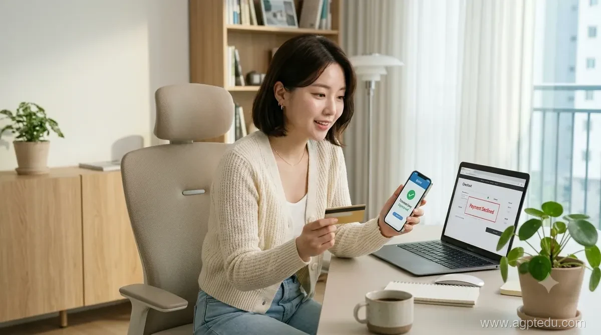 노트북 결제 화면에 결제 거절이 뜬 상태에서 스마트폰 은행 앱으로 결제 승인을 진행하는 모습