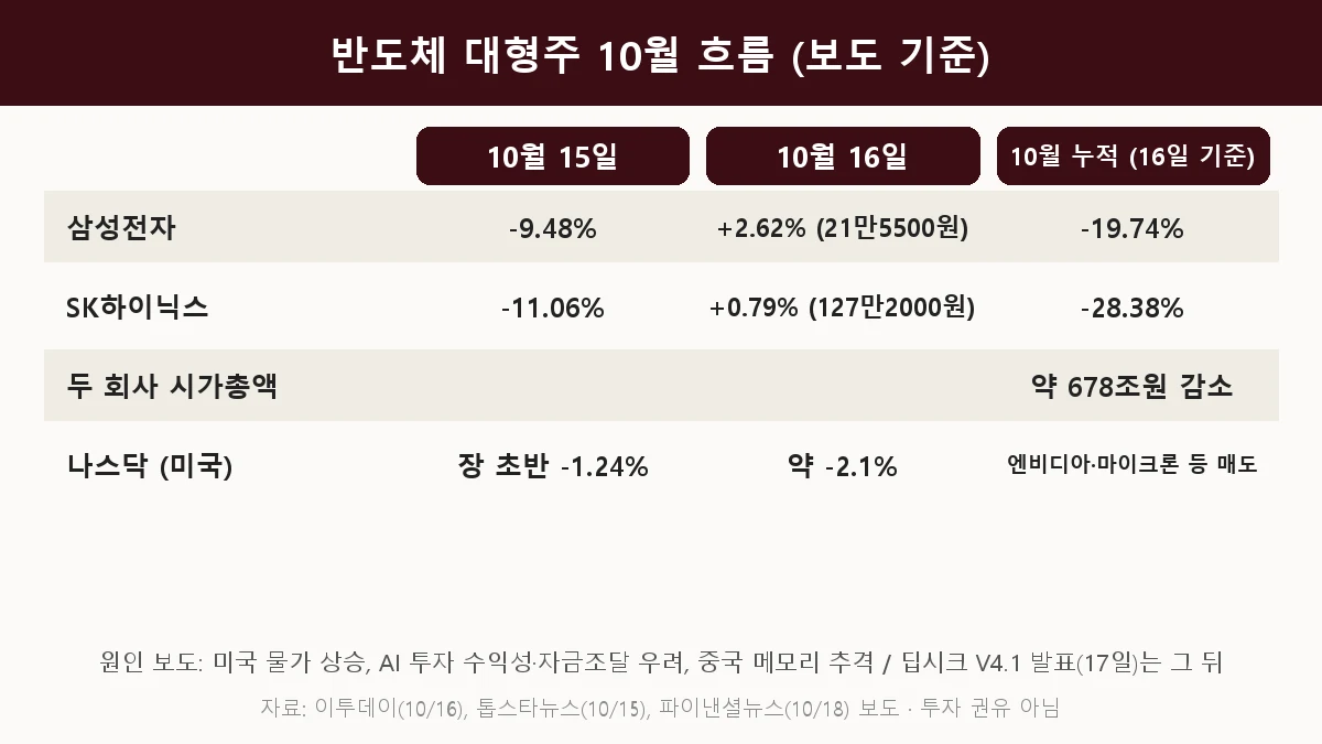 반도체 대형주 10월 흐름, 삼성전자 10월 15일 -9.48%, SK하이닉스 -11.06%, 10월 누적 -19.74%와 -28.38%, 시가총액 약 678조원 감소