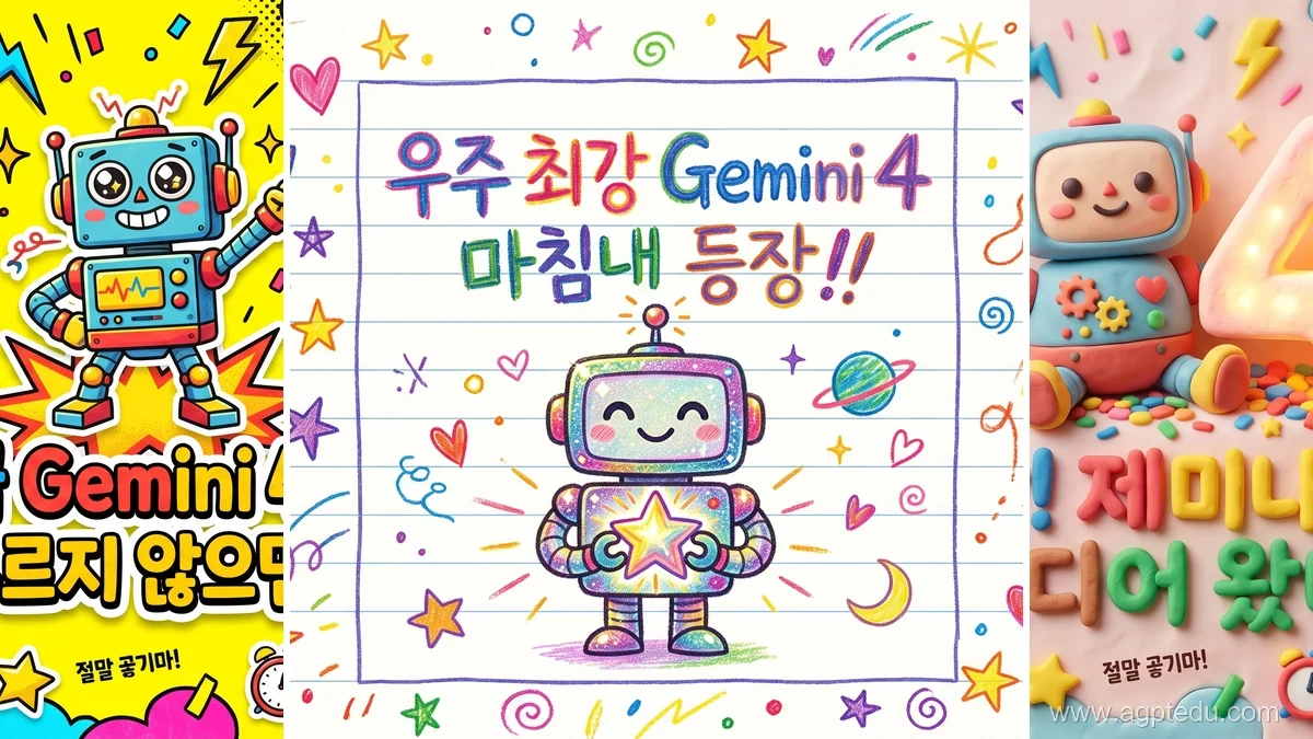 제미나이 4 출시 포스터 AI 이미지 프롬프트 3종｜그림일기·B급 전단지·클레이 스타일 (한글 복붙)