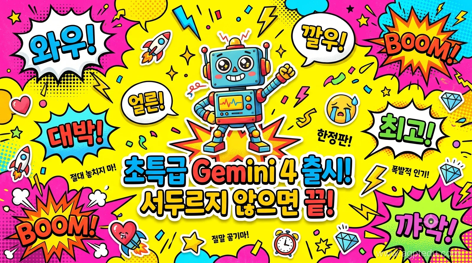 B급 감성 병맛 전단지 스타일 제미나이 4 출시 포스터 AI 이미지 결과물 - 팝아트 배경과 3D 만화 로봇