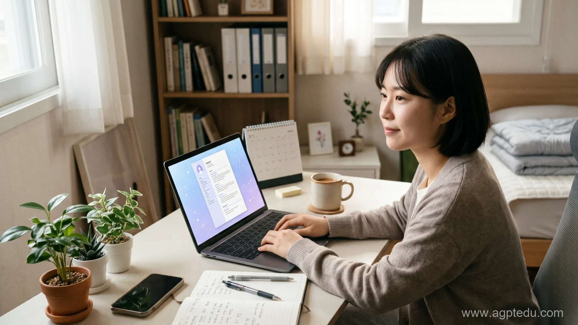 집 책상에서 노트북 화면의 이력서를 다듬는 취업 준비생, 제미나이로 이력서를 쓰는 모습을 AI로 표현한 예시 이미지