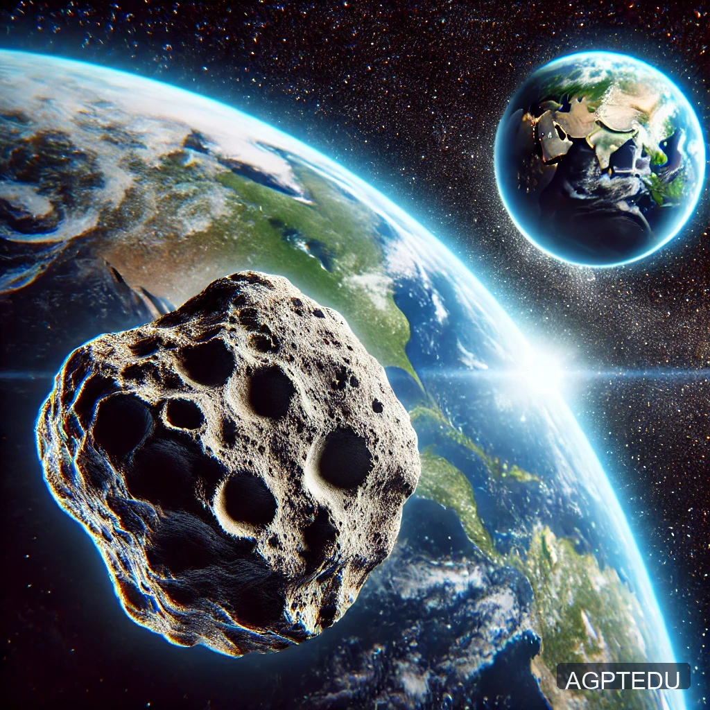 챗GPT 무료 이미지 생성, 미니달, 2024 PT5, DALL·E 2024-09-21 18.27.34 - A detailed image of a small asteroid, about 10 meters in size, approaching Earth. The scene shows the asteroid captured by Earth's gravity, creating a