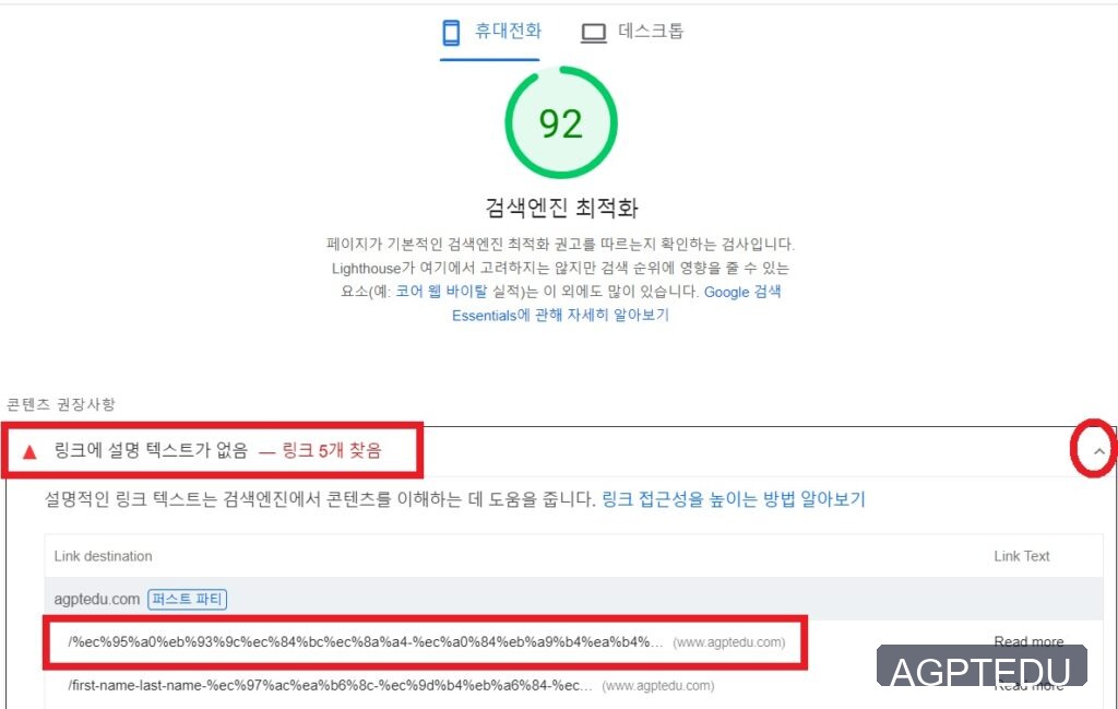 Google PageSpeed Insights 검색엔진 최적화 제안