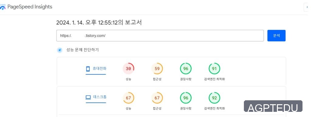 Google PageSpeed Insights 티스토리 블로그 결과