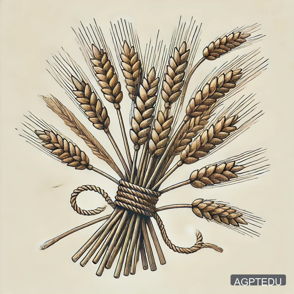 DALL·E 2024-08-16 21.30.55 - An illustration of several bundles of wheat tied together with rustic twine. The wheat stalks should be detailed, showing the grain heads and long, th