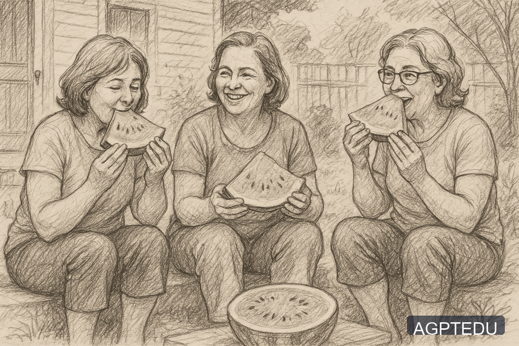 수박을 나눠 먹으며 마당에 앉아 있는 50대 여성 셋을 스케치 스타일로 그려줘