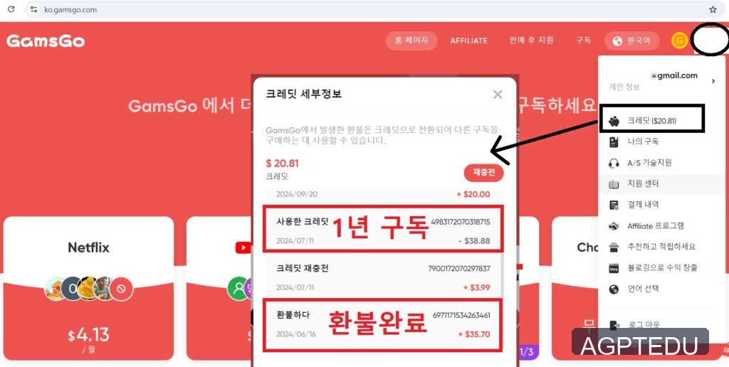 겜스고 환불 - 겜스고 지갑으로 환불 후 유튜브 프리미엄 1년 구독 완료
