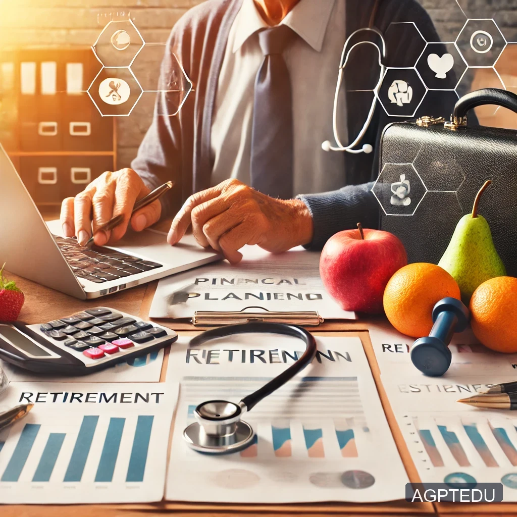 DALL·E 2024-10-24 21.22.54 - A balanced composition showing a senior person planning for retirement with symbols of financial planning like pension documents, a laptop, and health
