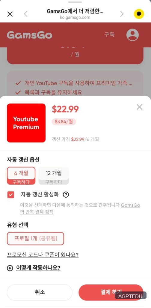 gamsgo 유튜브 구독방법, 6개월 23$ 미만의 비용으로 유튜브 프리미엄 이용 가능