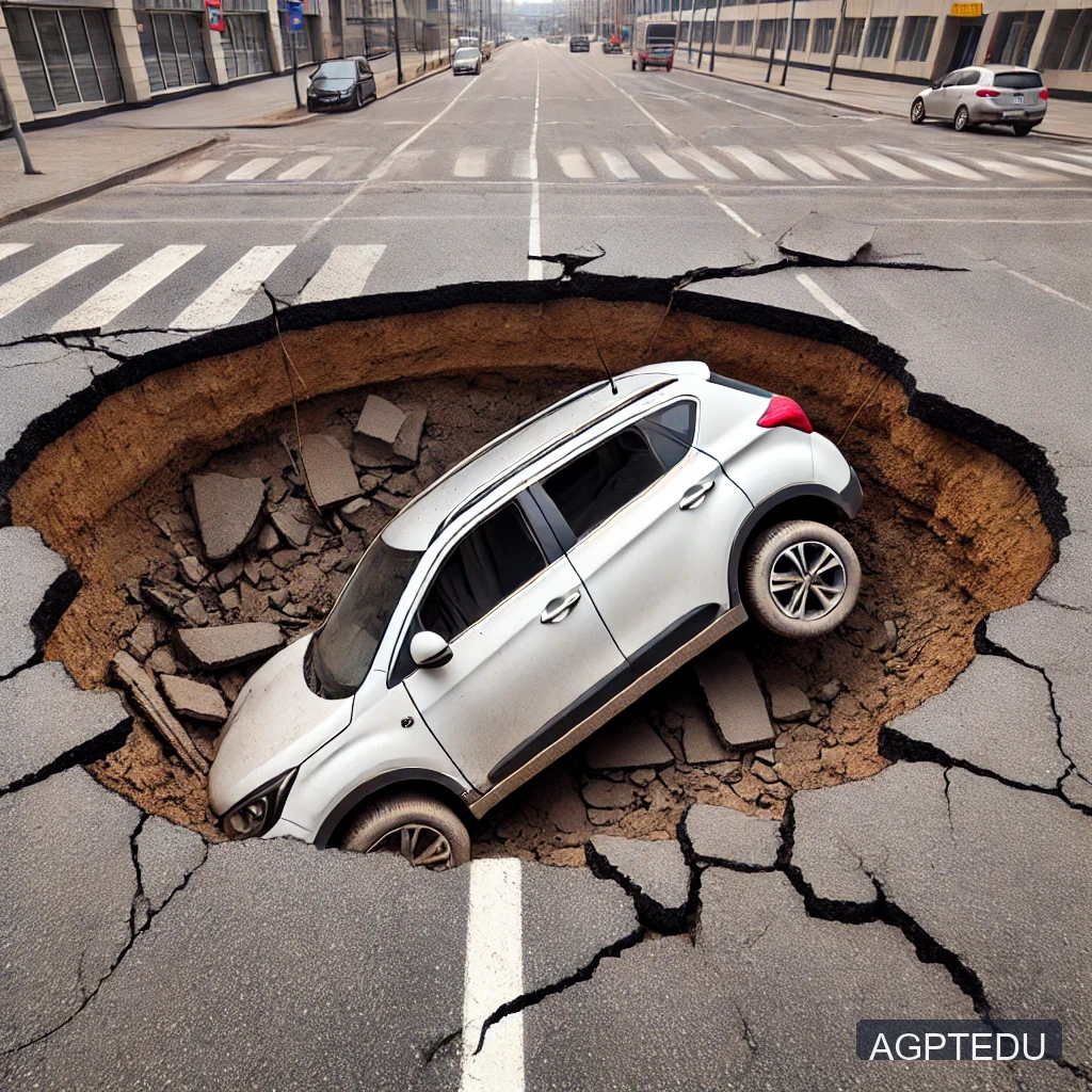 DALL·E 2024-08-29 22.02.55 - A large sinkhole in an urban area has caused a car to fall in. The car, a white compact SUV, is partially submerged in the sinkhole, with the front en