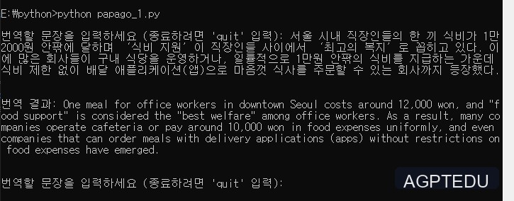 네이버 파파고 번역 API 사용 결과