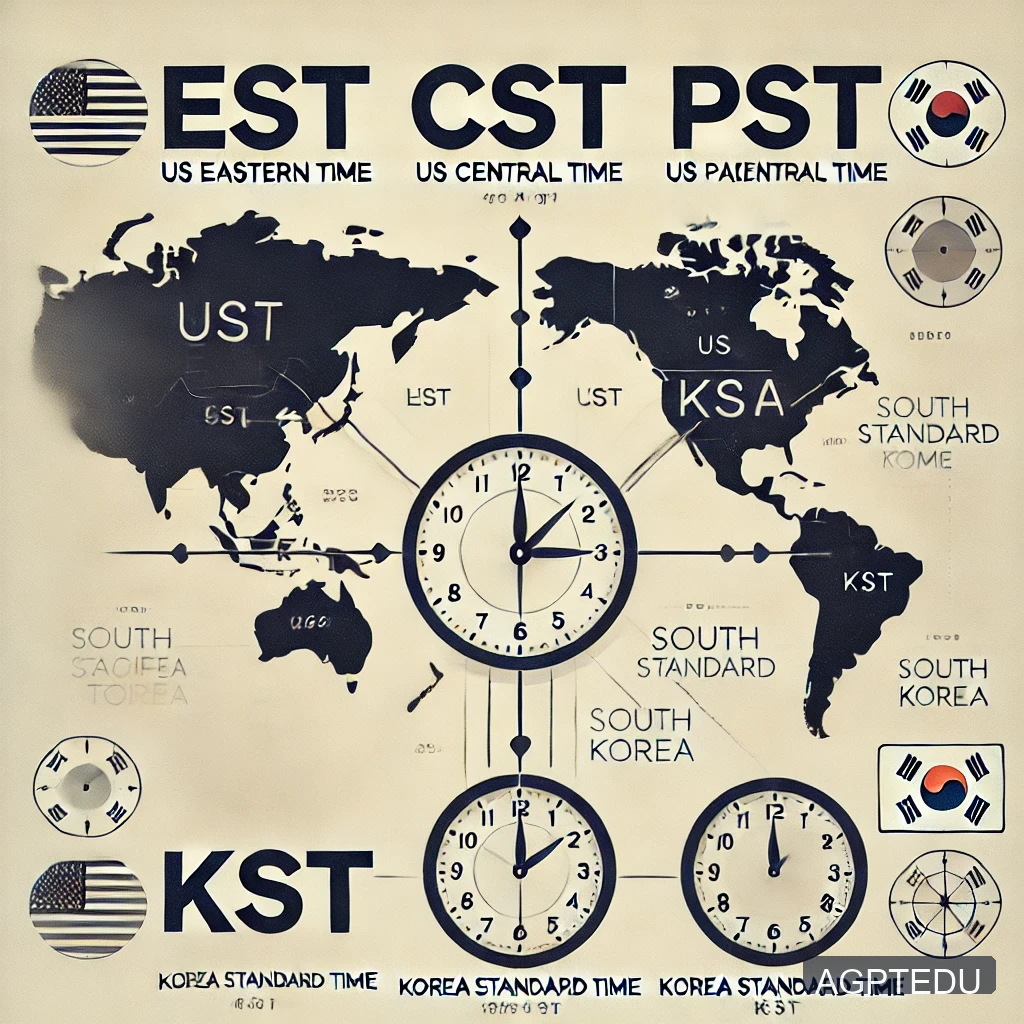 2025년 미국 서머타임 기간 및 시간, summer time, 미국 동부, 중부, 서부 표준시, 도시별 타임존, 챗GPT 무료 버전에서 생성한 이미지, DALL·E 2024-09-18 19.12.03 - An infographic showing a comparison of current times across different regions_ US Eastern Time (EST), US Central Time (CST), US Pacific Time (PST), an
