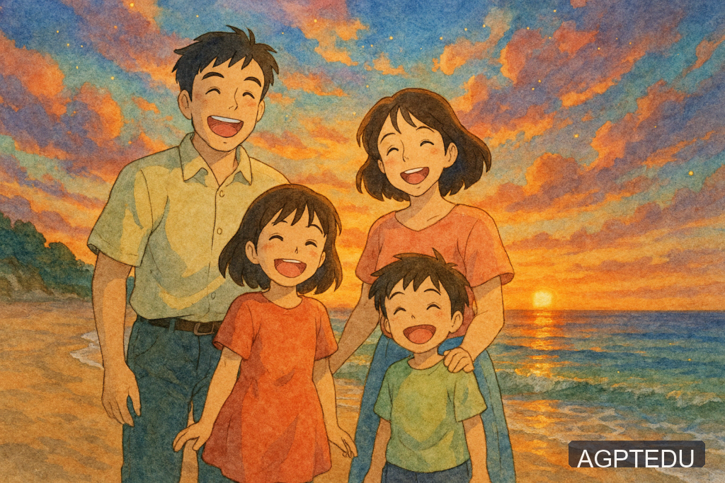 손을 맞잡고 있는 세 가족, 지브리 스타일, 따뜻한 색감, 포근한 하늘과 나무, 평화로운 분위기