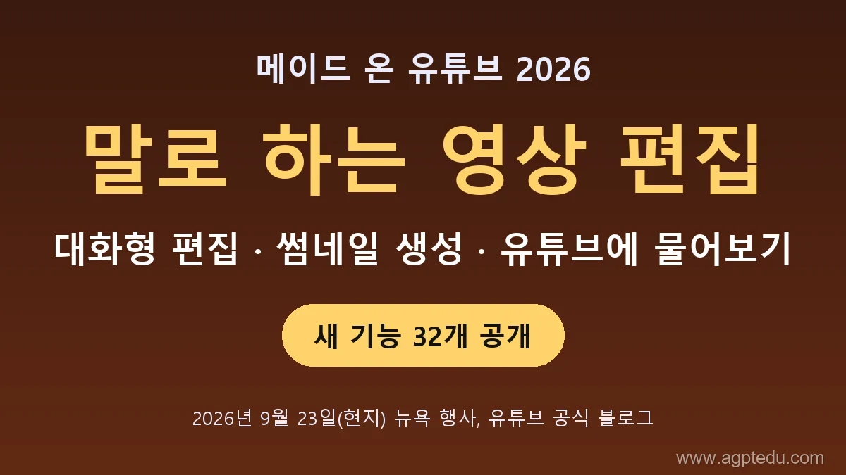 메이드 온 유튜브 2026 AI 기능 요약, 말로 하는 대화형 편집, 썸네일 생성, 유튜브에 물어보기, 새 기능 32개