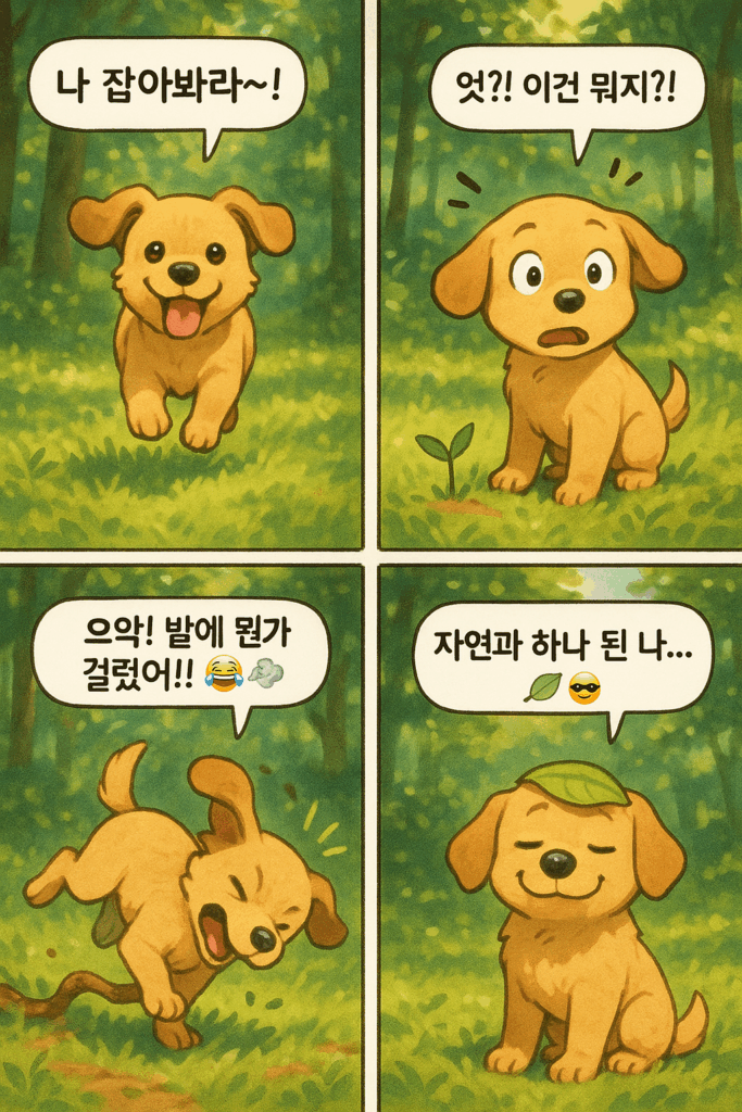 숲속 산책하는 강아지 4컷 만화