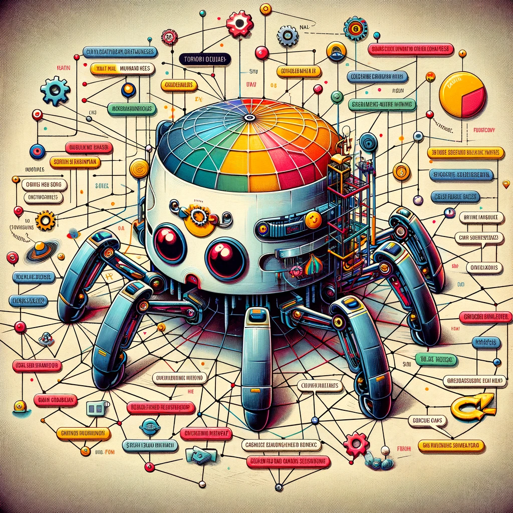 DALL·E 2024-08-14 21.04.03 - A detailed illustration showing the principles of Google's web crawling process and related concepts. The image features a web crawler (Googlebot) as