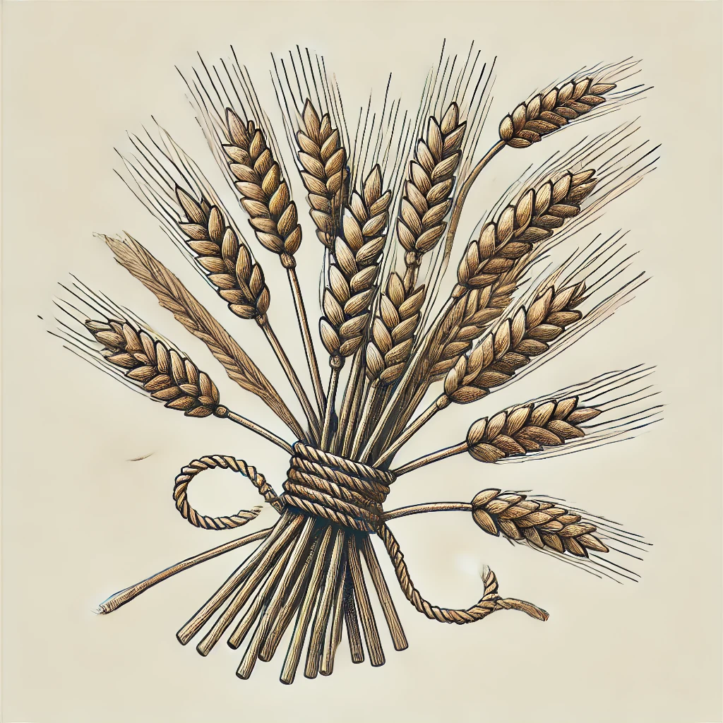 DALL·E 2024-08-16 21.30.55 - An illustration of several bundles of wheat tied together with rustic twine. The wheat stalks should be detailed, showing the grain heads and long, th
