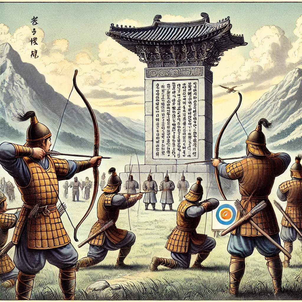 DALL·E 2024-08-16 21.31.00 - A detailed historical illustration of a scene from the Goguryeo era, featuring soldiers practicing archery in front of the Gwanggaeto Stele. The stele
