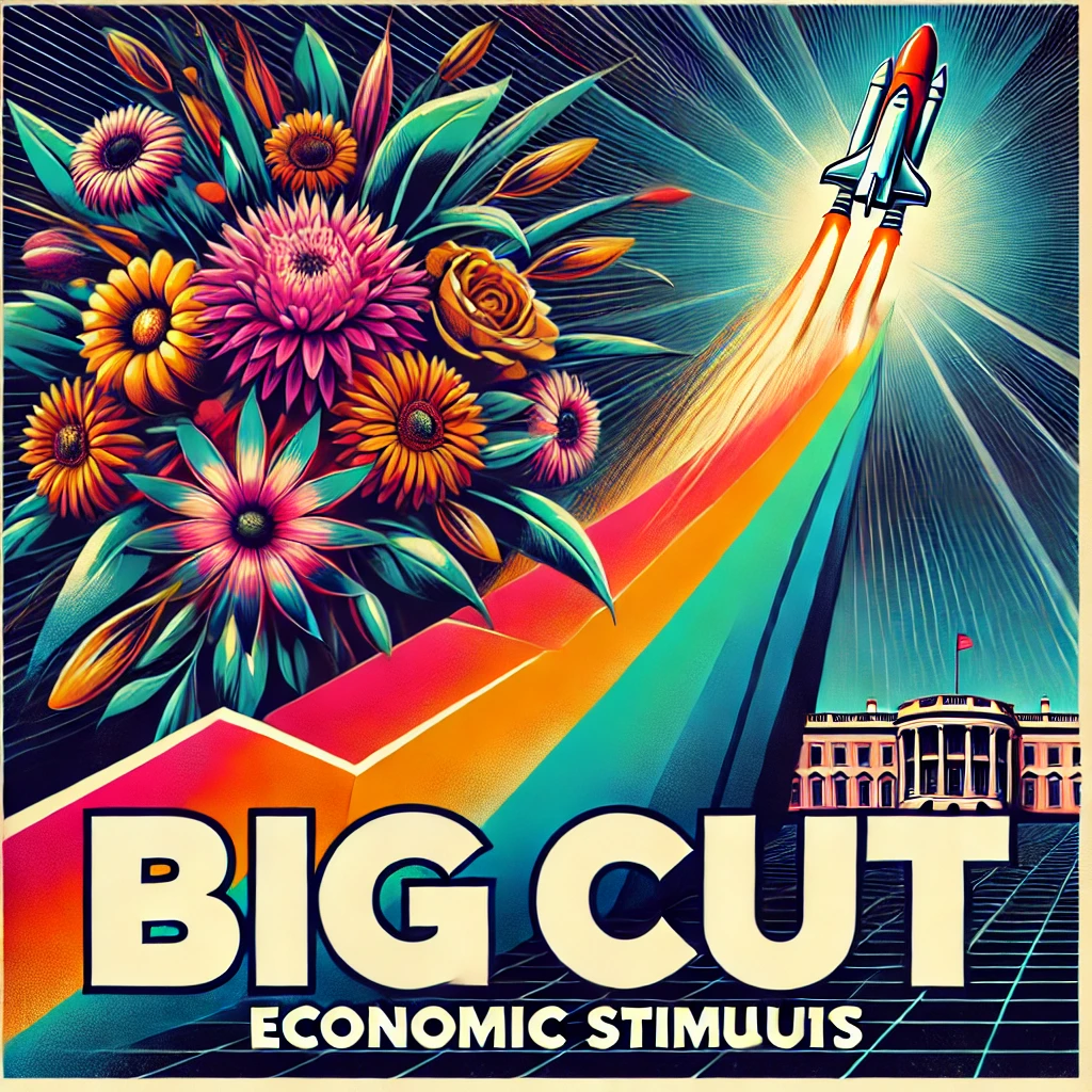 DALL·E 2024-08-24 15.15.25 - A striking image showing a sharply dropping line graph, representing a dramatic decline. Across the image, the bold word 'Big Cut' is prominently disp