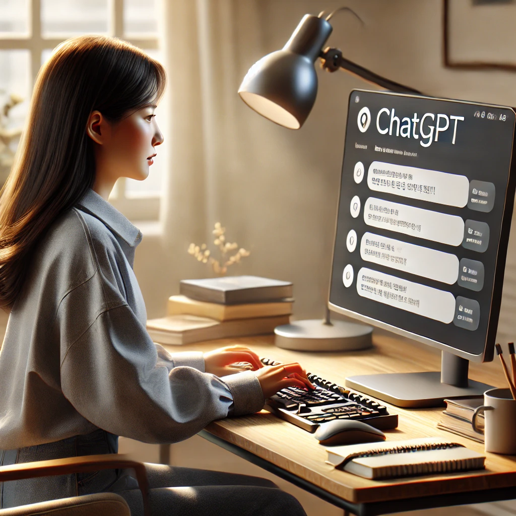 DALL·E 2024-11-09 17.36.55 - A realistic depiction of a Korean woman seated at a modern desk, using ChatGPT on a computer to explore various questions. She is typing with both han