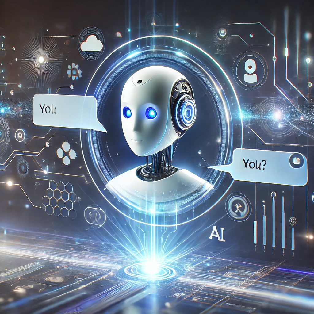 DALL·E 2024-09-08 11.35.35 - A futuristic digital interface showing a friendly AI chatbot, symbolizing ChatGPT. The AI appears on a sleek screen with a glowing blue and white them