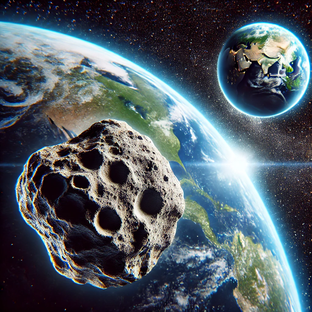 챗GPT 무료 이미지 생성, 미니달, 2024 PT5, DALL·E 2024-09-21 18.27.34 - A detailed image of a small asteroid, about 10 meters in size, approaching Earth. The scene shows the asteroid captured by Earth's gravity, creating a