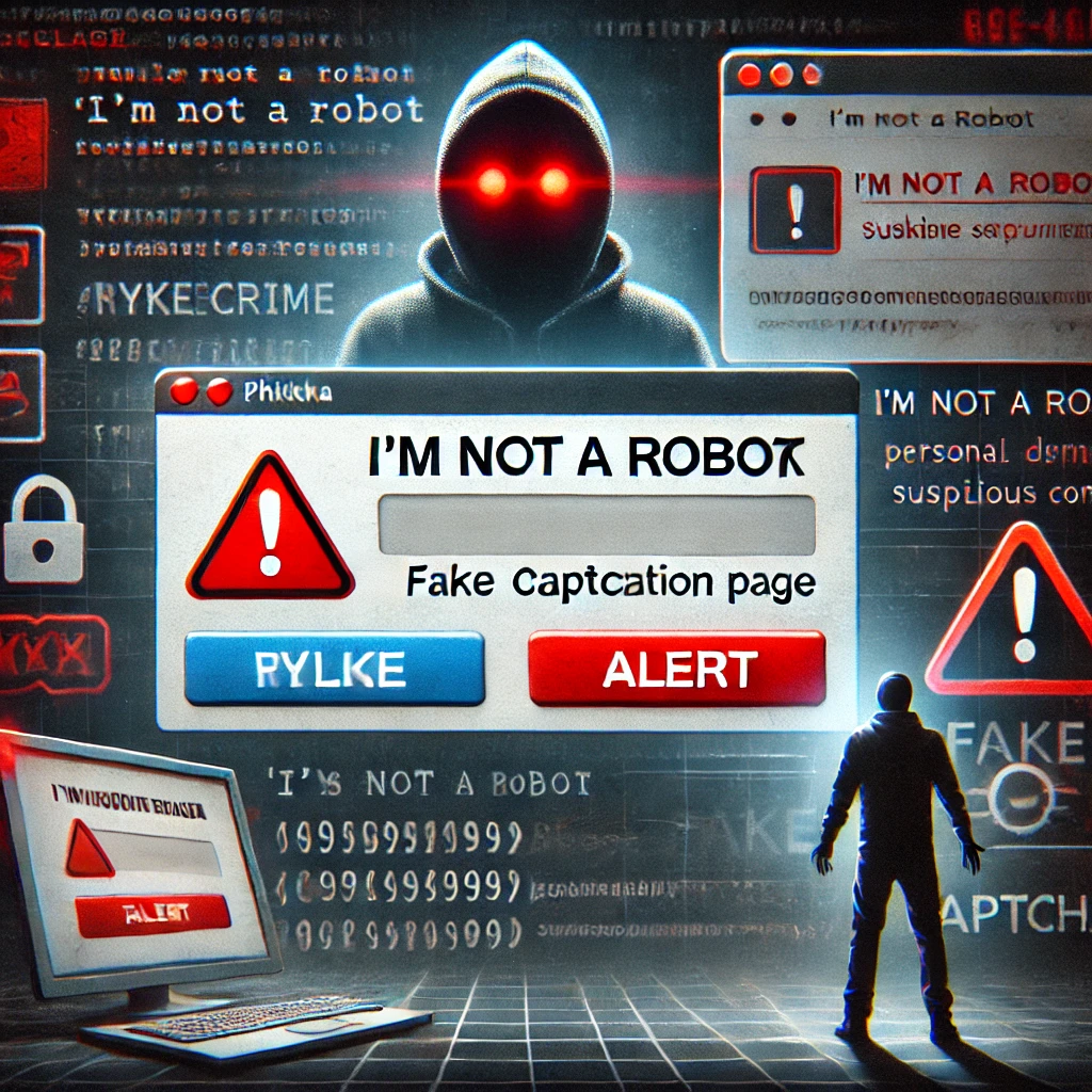 캡차(CAPTCHA) 악용 공격 위험성 DALL·E 2024-09-29 00.07.44 - A warning image illustrating a phishing attack through a fake CAPTCHA verification page. The image shows a typical 'I’m not a robot' CAPTCHA box with