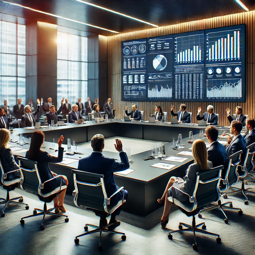 DALL·E 2024-10-01 16.17.26 - A scene of a shareholder meeting taking place in a modern corporate conference room. The room is filled with business professionals, some seated and o