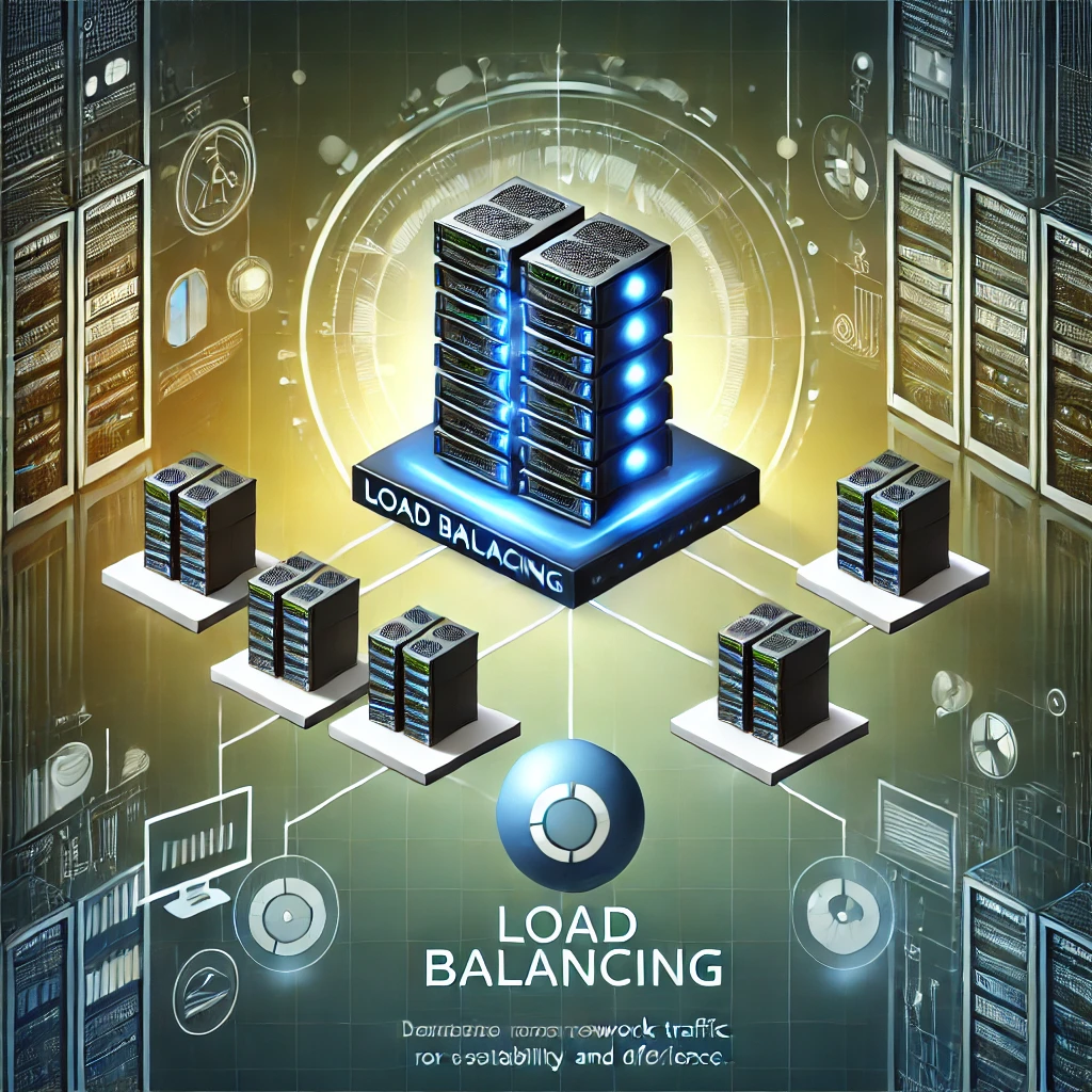 DALL·E 2024-10-20 20.06.52 - An illustration explaining the concept of Load Balancing in servers. The image shows multiple servers connected to a central load balancer distributin