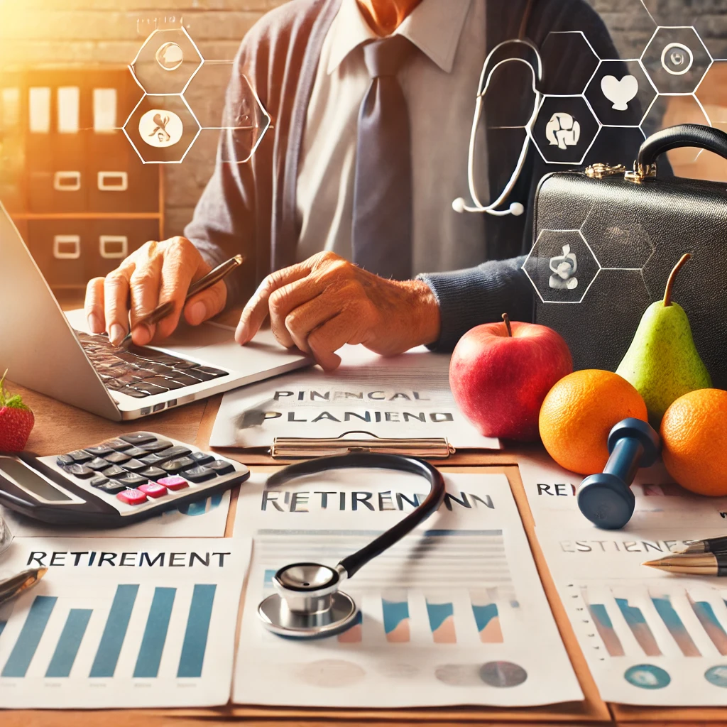 DALL·E 2024-10-24 21.22.54 - A balanced composition showing a senior person planning for retirement with symbols of financial planning like pension documents, a laptop, and health
