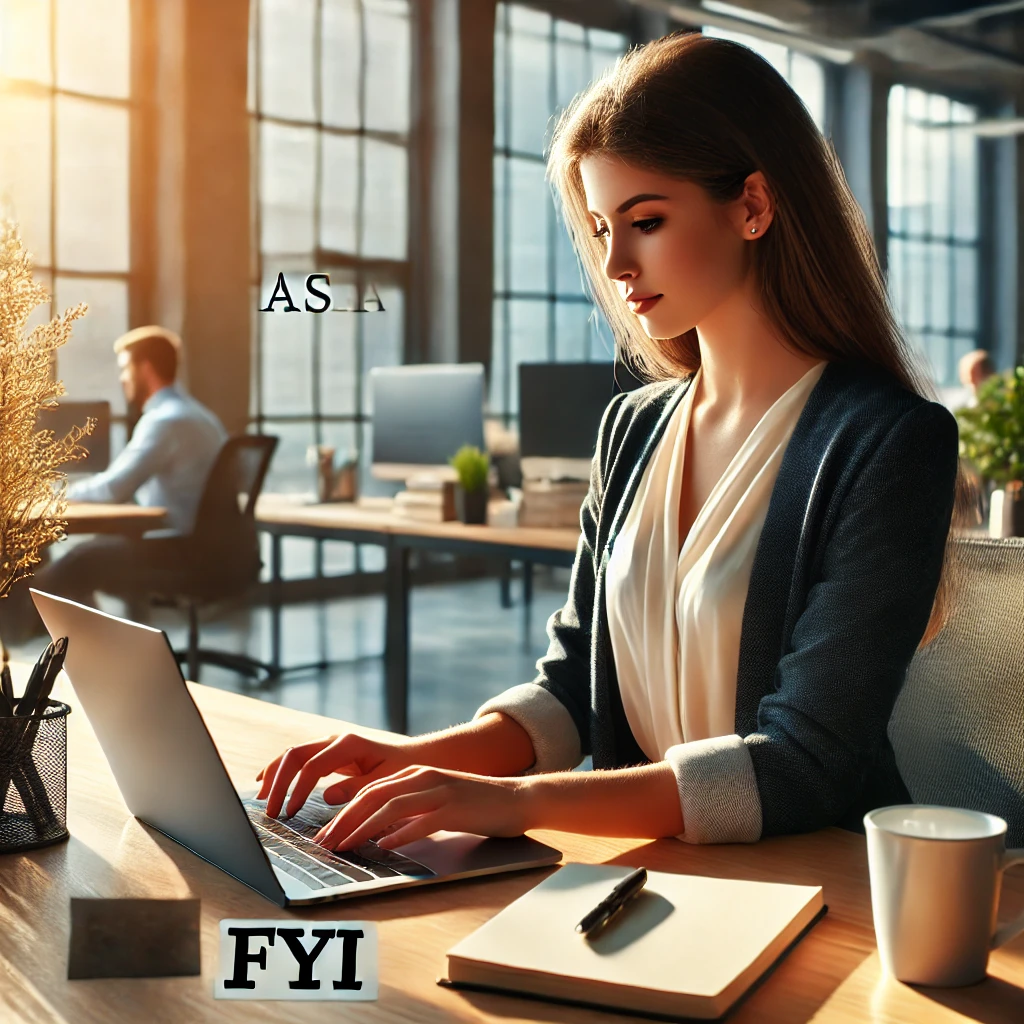 DALL·E-2024-11-16-13.16.28-A-modern-office-setting-with-a-young-professional-woman-sitting-at-her-desk-typing-on-a-laptop.-The-environment-is-bright-with-natural-light-streamin.webp