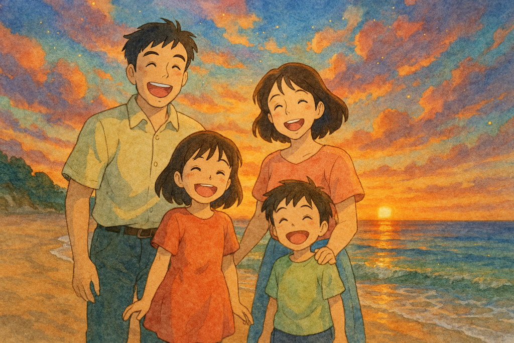 손을 맞잡고 있는 세 가족, 지브리 스타일, 따뜻한 색감, 포근한 하늘과 나무, 평화로운 분위기