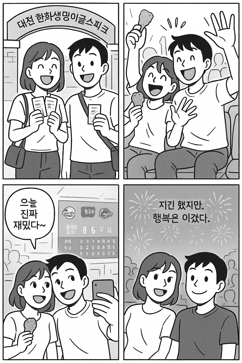 한화 이글스의 경기를 관람하며 행복을 느끼는 커플을 주제로, 단순한 흑백 4컷 만화