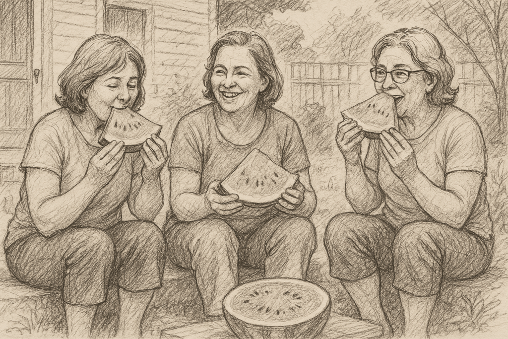 수박을 나눠 먹으며 마당에 앉아 있는 50대 여성 셋을 스케치 스타일로 그려줘