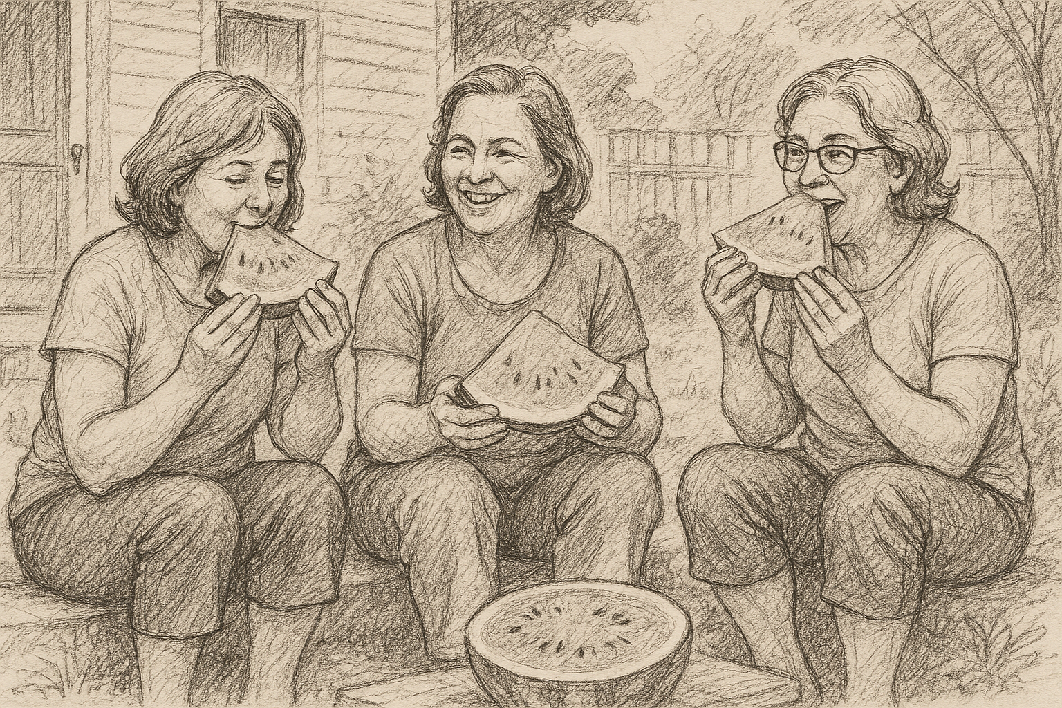 수박을 나눠 먹으며 마당에 앉아 있는 50대 여성 셋을 스케치 스타일로 그려줘