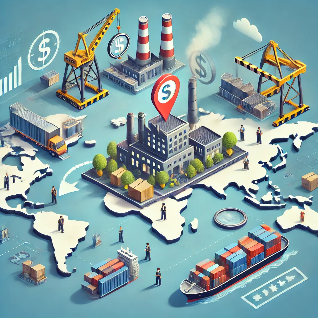 리쇼어링 챗GPT 무료 이미지 생성,DALL·E 2024-09-01 15.44.19 - An image illustrating the concept of 'reshoring' in a global business context. The scene shows a modern factory being moved from a foreign country bac